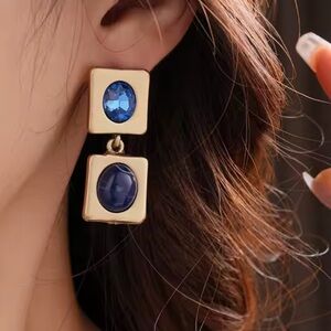 Anthropologie Gold and Blue Square Drop Earrings